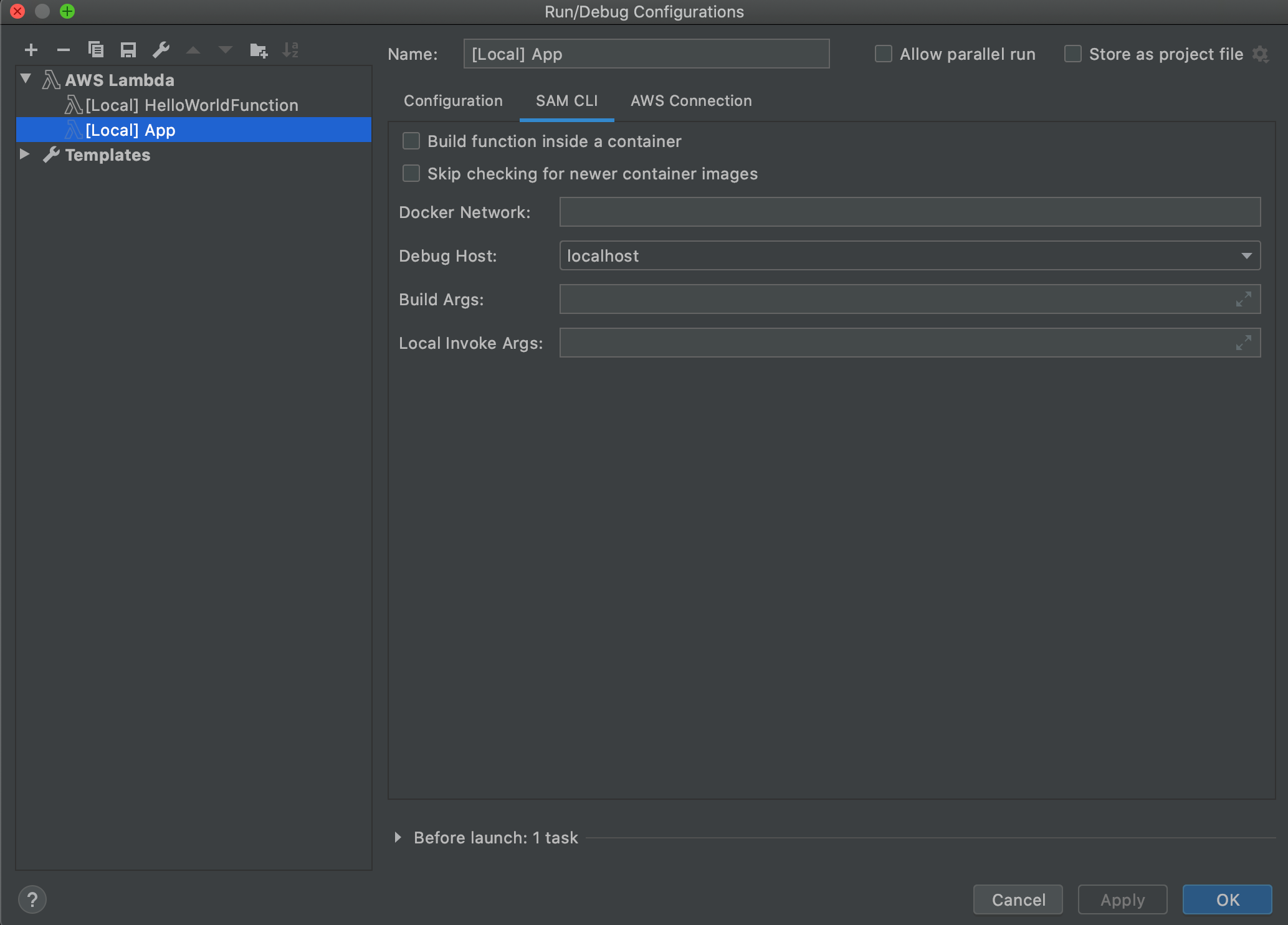 로컬 함수 설정에 대한 실행/디버깅 구성 대화 상자의 SAM CLI 탭