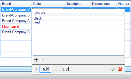 Spreadsheet interface showing Brand, Color, 설명, Dimensions, and Gender columns with editable cells.