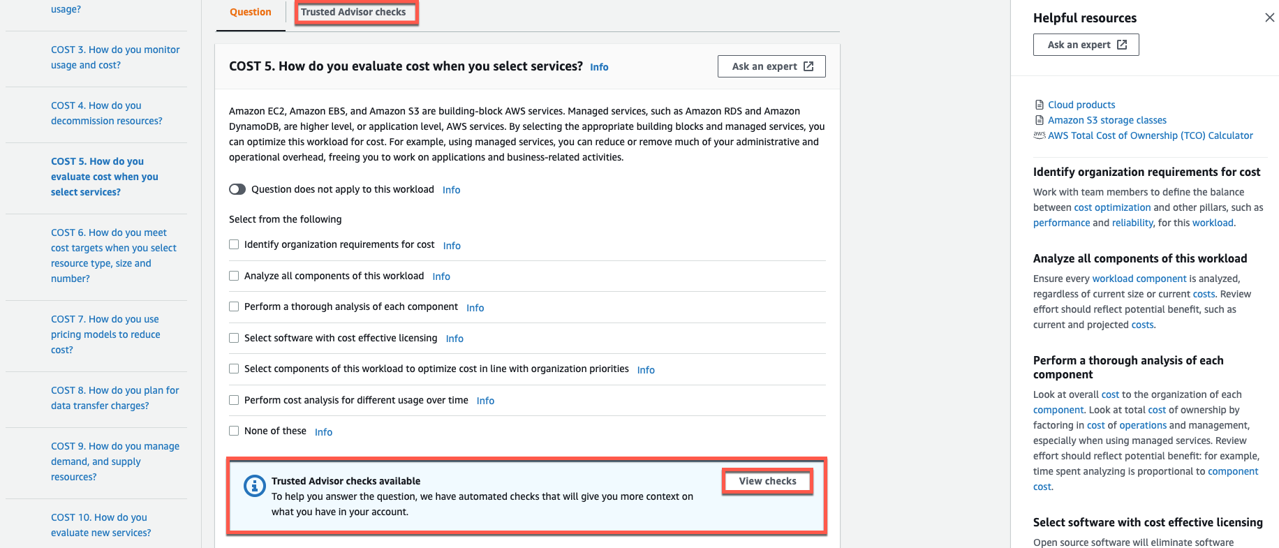 질문 페이지에 있는 이용 가능한 Trusted Advisor 검사 알림의 스크린샷입니다.
