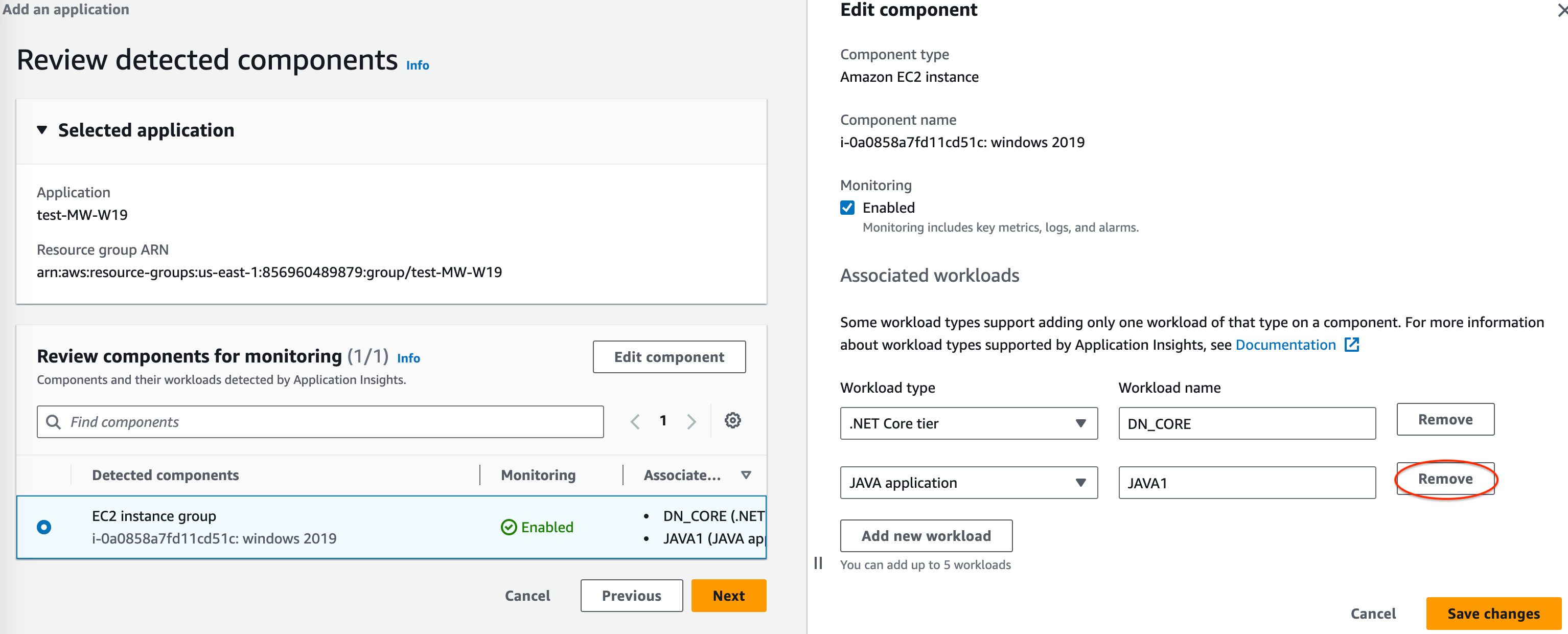A seção de edição do componente do console do CloudWatch Application Insights: remover uma workload.