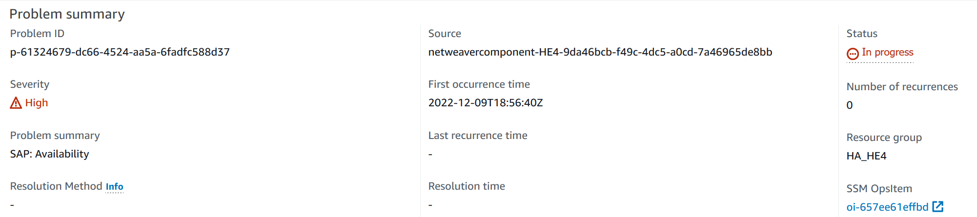 Página de resumo dos problema do CloudWatch Application Insights na seção Problem summary (Resumo do problema).