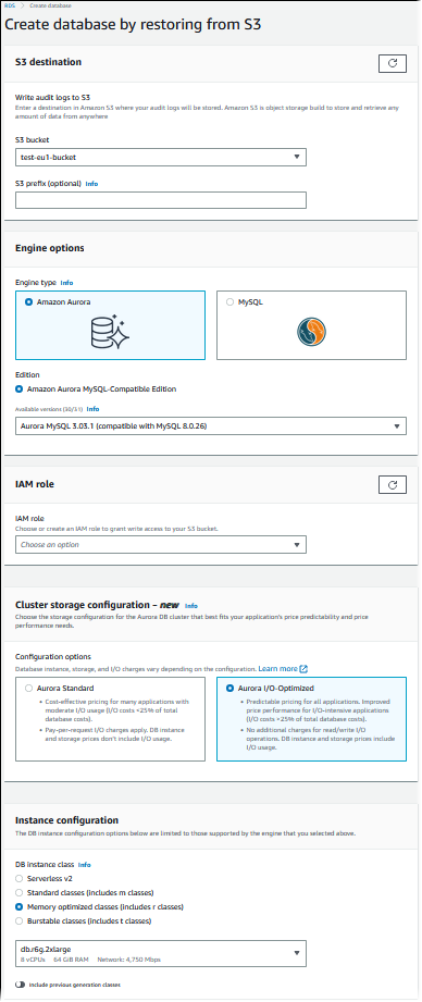 A página onde você especifica os detalhes para restaurar um cluster de banco de dados a partir do S3