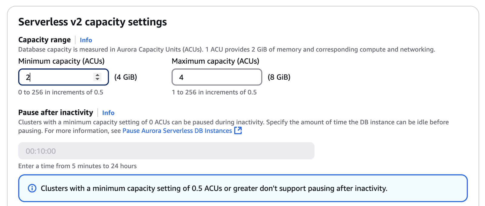 Definições de configuração da instância para Aurora Serverless v2.