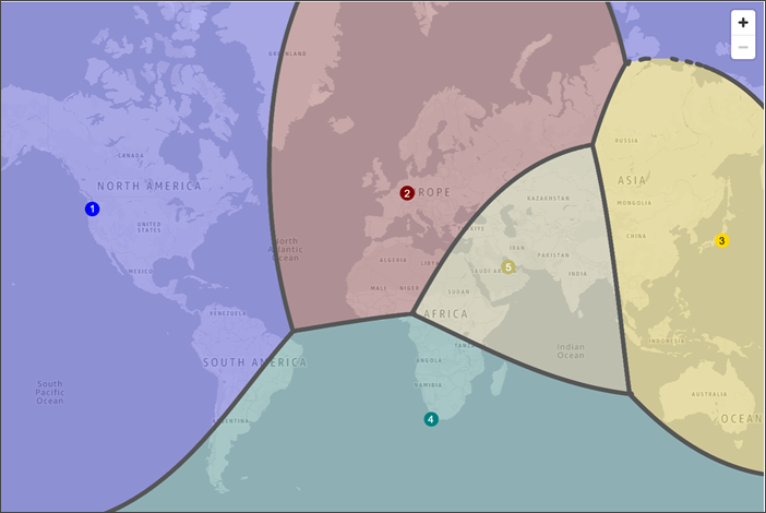 Um mapa do mundo que mostra como o tráfego é encaminhado quando você adiciona um desvio de +25 na região Leste dos EUA (Norte da Virgínia).
