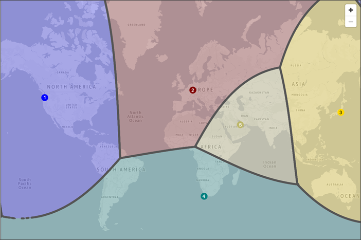 Um mapa do mundo que mostra como o tráfego é roteado quando você tem registros de geoproximidade de recursos no Oeste dos Regiões da AWS EUA (Oregon), Europa (Frankfurt), Ásia-Pacífico (Tóquio), África (Cidade do Cabo) e Oriente Médio (Bahrein).