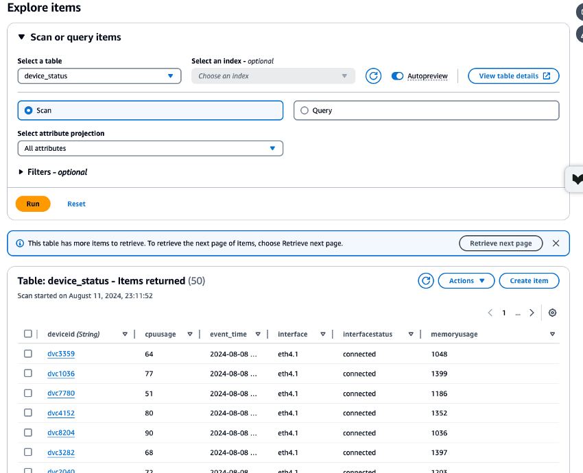 Imagem mostrando o console do DynamoDB e como agora há itens exibidos quando você realiza uma verificação.