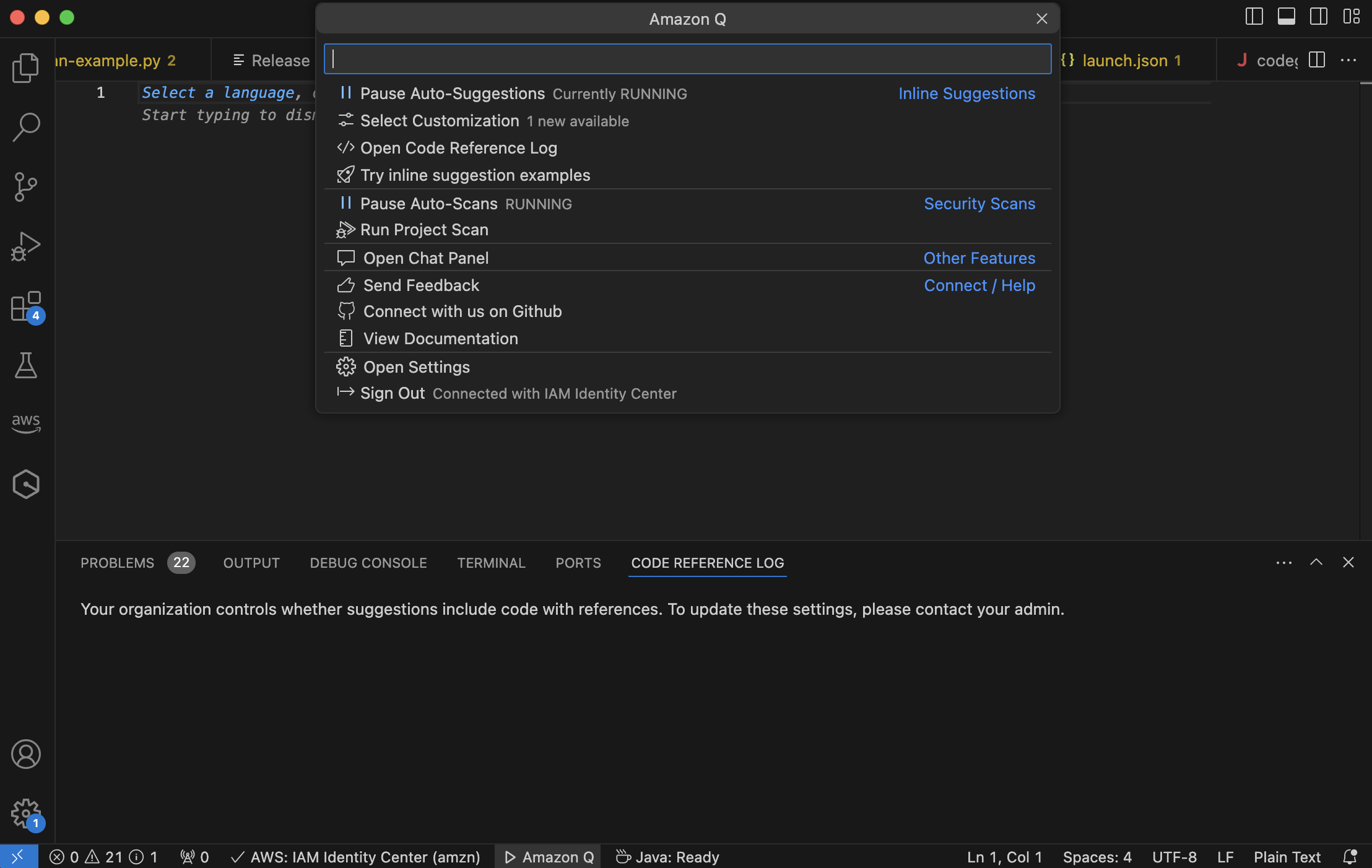 O login de referência do Amazon Q code Visual Studio Code.