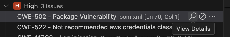 O ícone de lupa para um problema de código no Visual Studio Code, usado para abrir o painel Detalhes do problema de código.