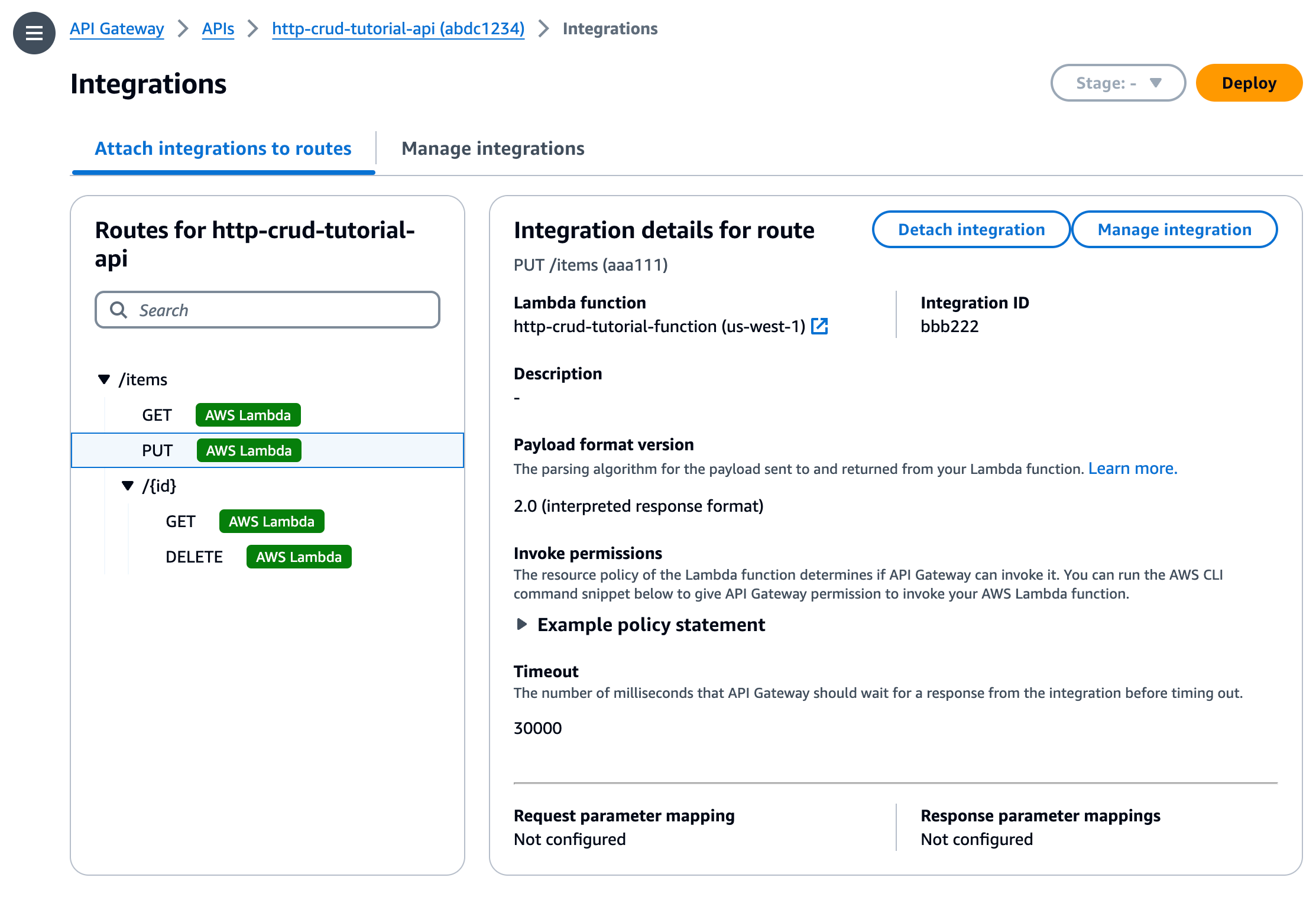 O console mostra o AWS Lambda em todas as rotas para indicar que sua integração está anexada.
