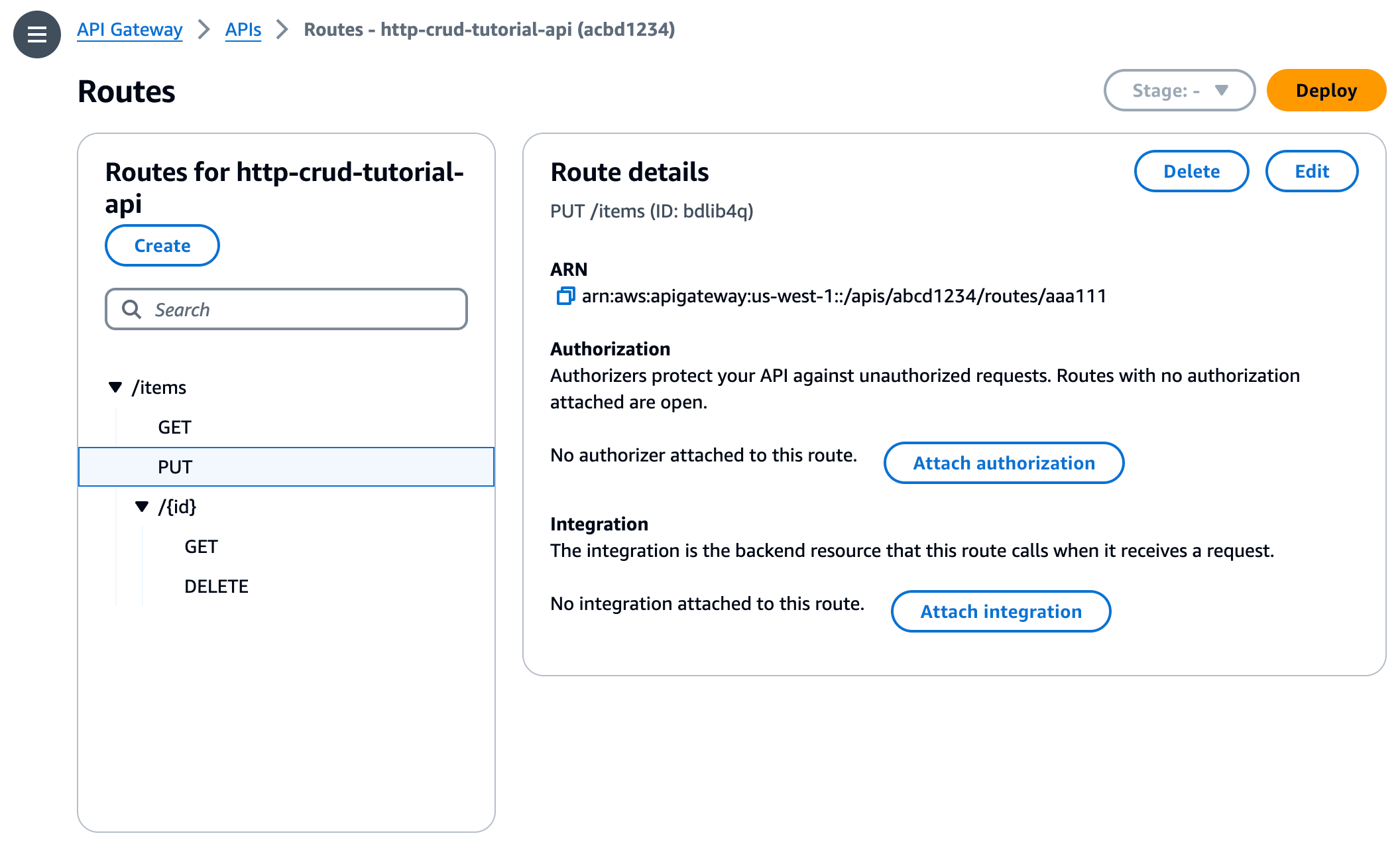 A sua API tem rotas para GET /items, GET /items/{id}, DELETE /items/{id} e PUT /items.