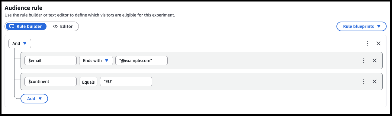 Uma segunda imagem da guia Construtor de regras em AWS AppConfig experimentação com amostra de regra de público especificada.