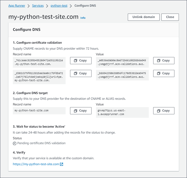 A página Configurar DNS, mostrando a validação do certificado e os registros de destino do DNS para adicionar ao seu DNS.