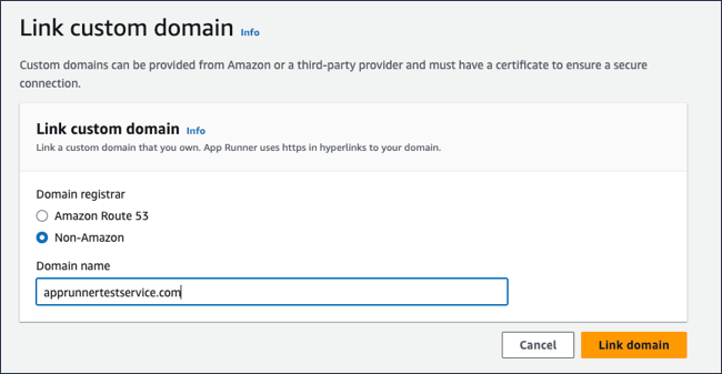 A página Vincular domínio personalizado, mostrando não-Amazon como o provedor de domínio selecionado.