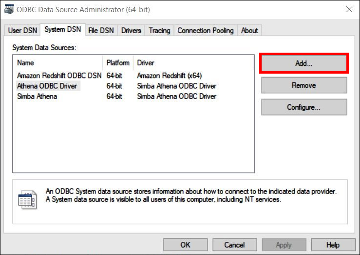 Escolha Add (Adicionar) para adicionar uma fonte de dados do ODBC.