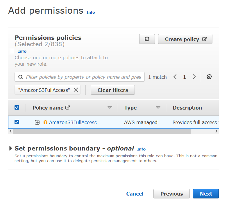 Como vincular a política de acesso total do Amazon S3 ao perfil.