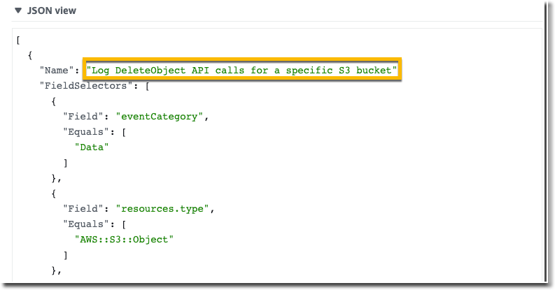 Visualização JSON expandida mostrando seletores de eventos avançados