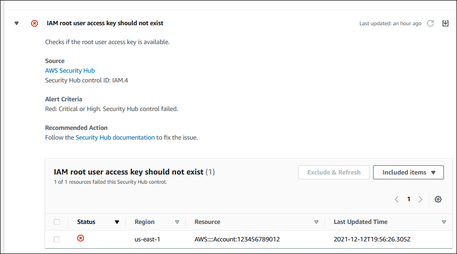 Captura de tela de um controle do Security Hub para um problema de acesso à raiz do IAM.