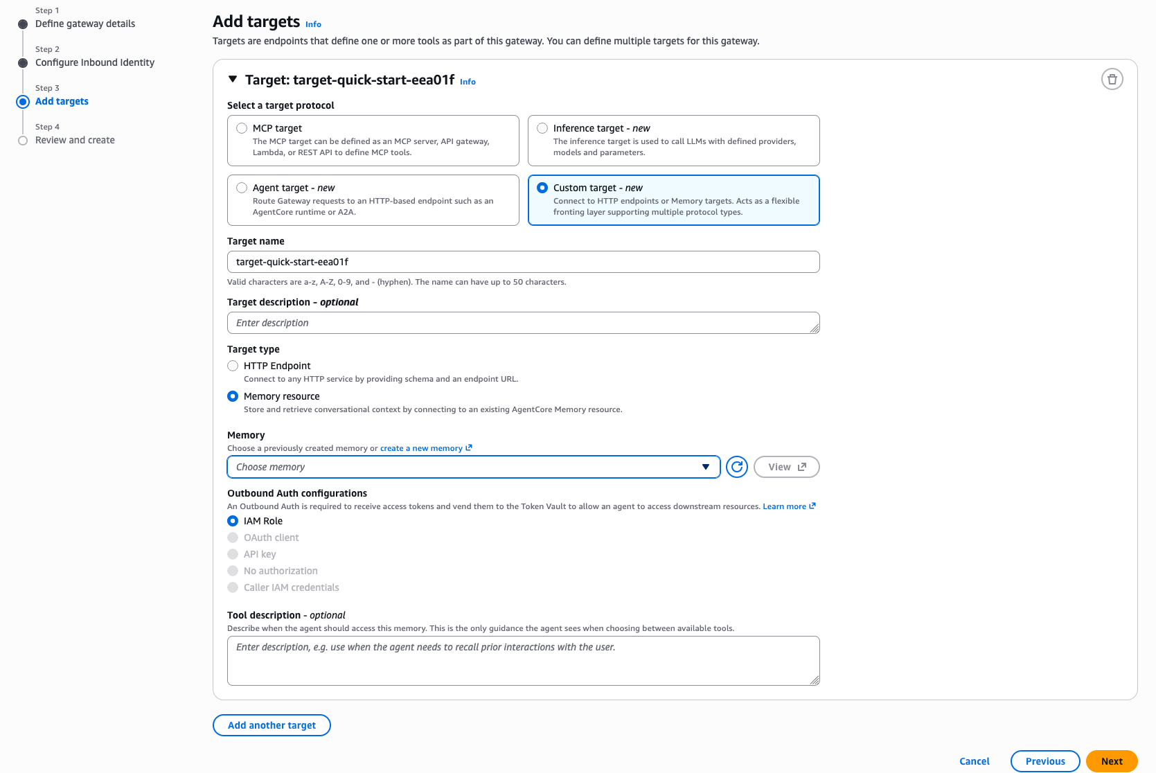 A etapa Adicionar destinos do assistente de criação de gateway