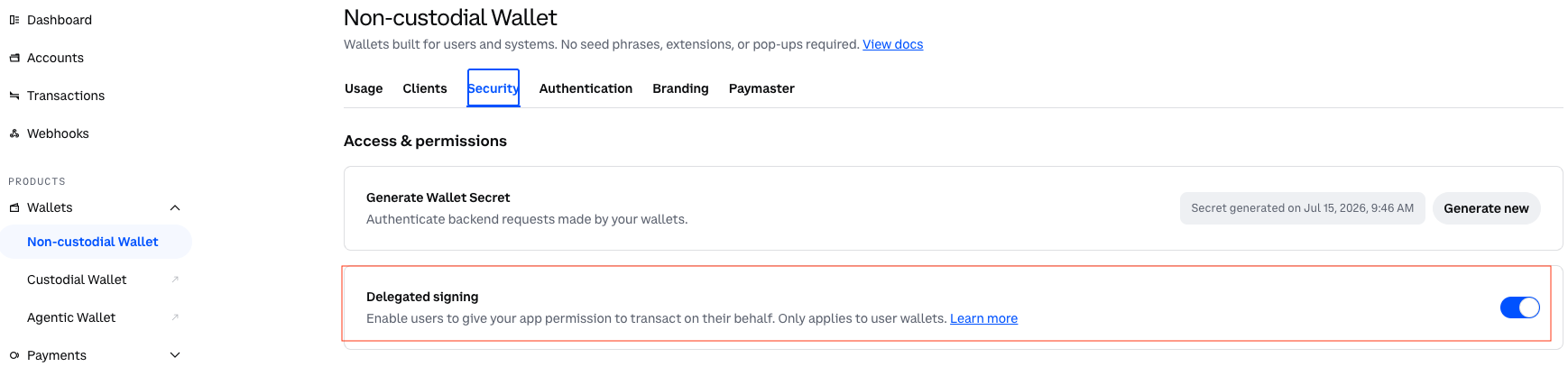 Painel Coinbase para Delegação