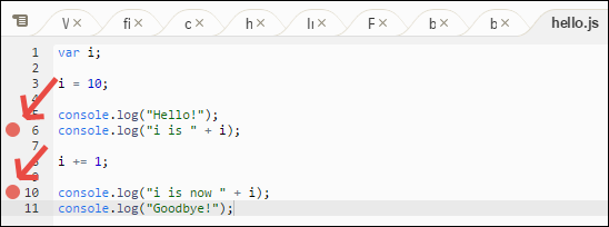 Adição de pontos de interrupção ao código na janela Debugger (Depurador)