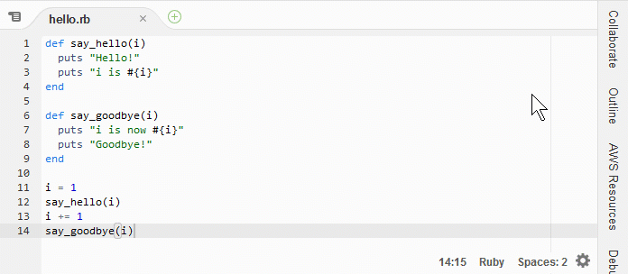 Janela de contorno no IDE AWS Cloud9