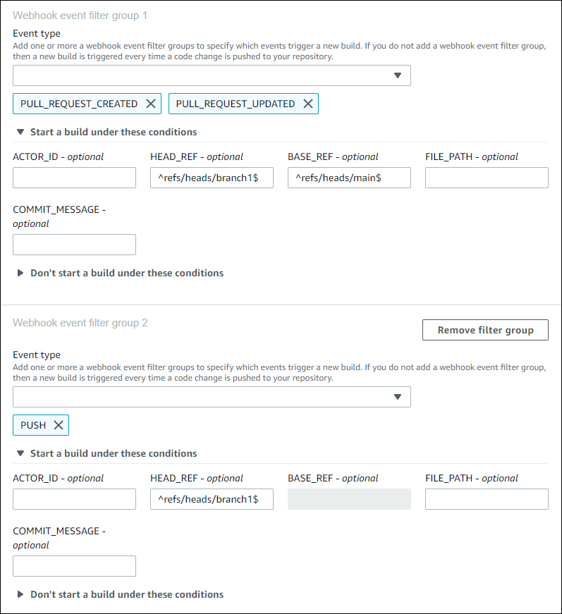 Um exemplo de dois grupos de filtros.