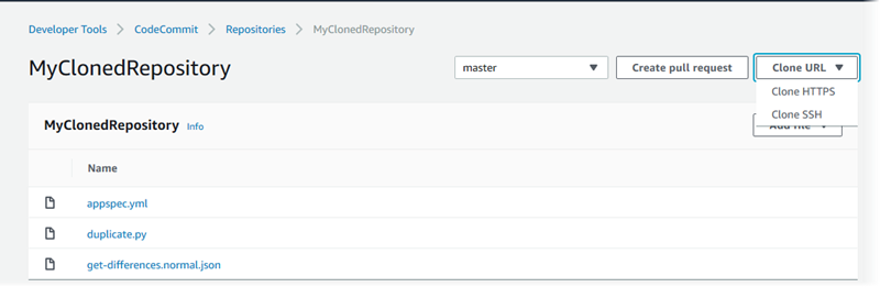 Visualização de um repositório clonado no CodeCommit
