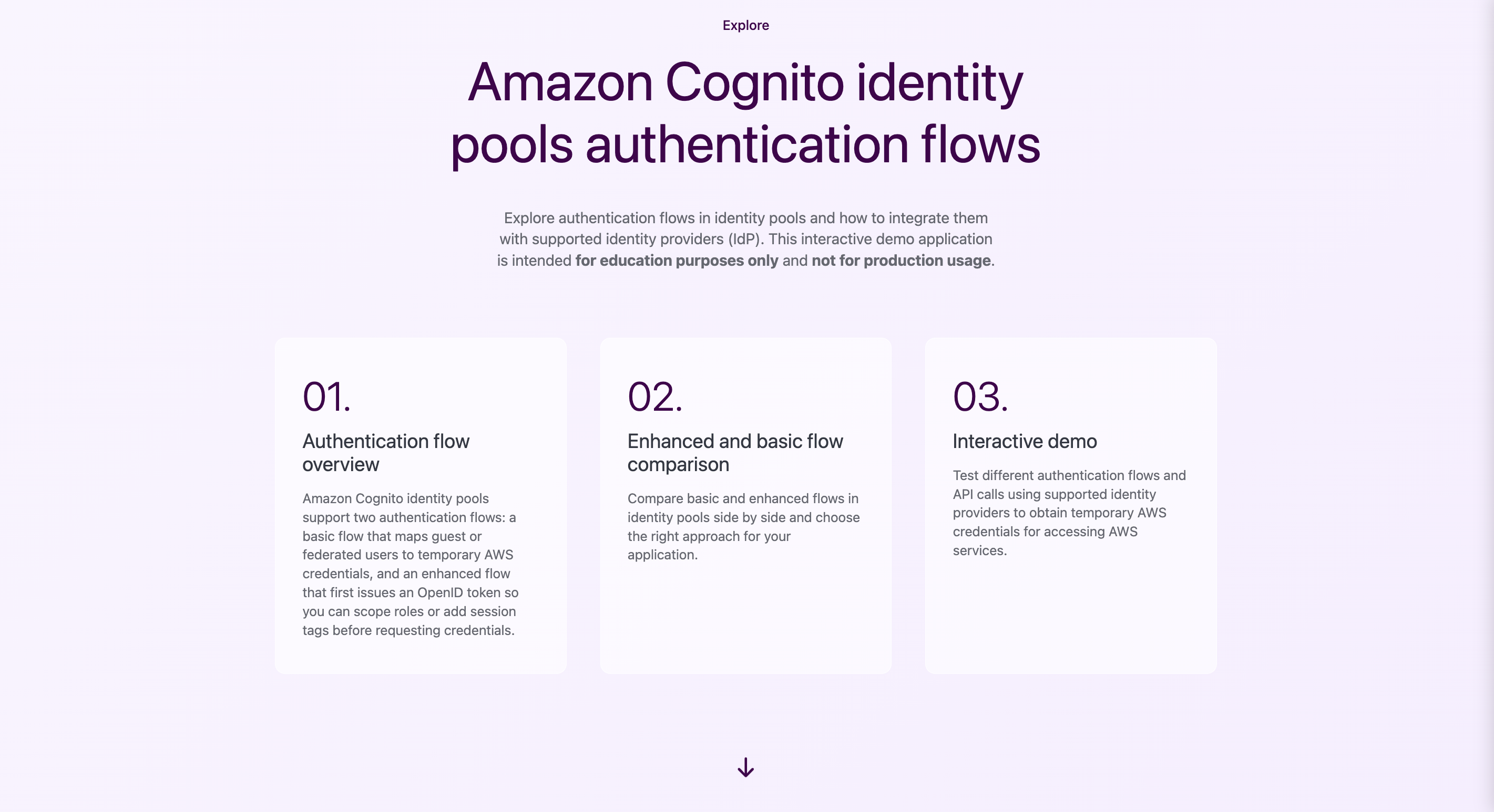 Captura de tela da interface web do aplicativo de demonstração do pool de identidade do Amazon Cognito mostrando a página principal com opções de método de autenticação e seções de demonstração interativas.