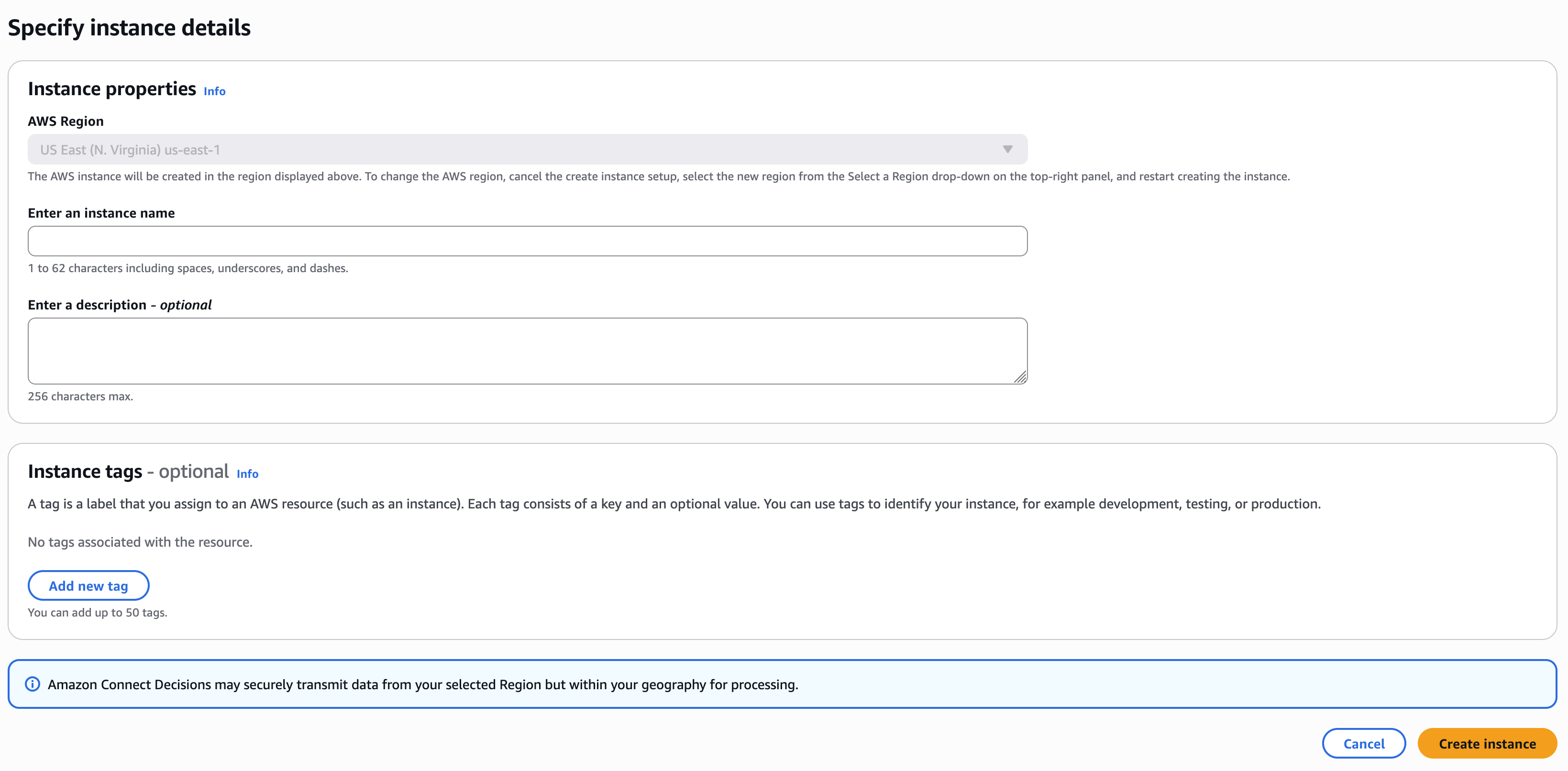 Página de propriedades da instância com campos para Região da AWS, nome da instância, descrição e tags.