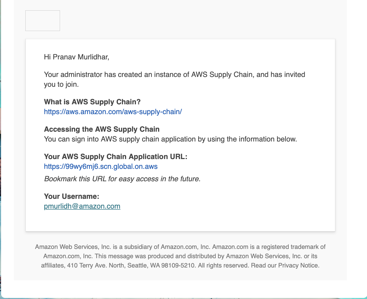 Cadeia de Suprimentos AWS e-mail de convite mostrando o URL do aplicativo, nome de usuário e instruções de acesso.