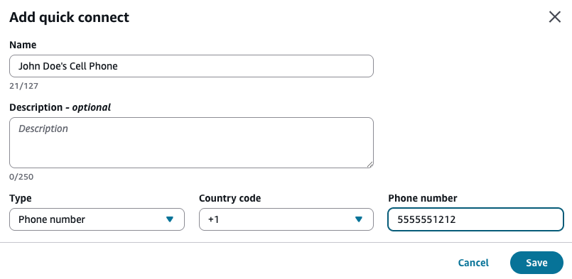 O número de telefone na caixa de diálogo Adicionar conexão rápida.