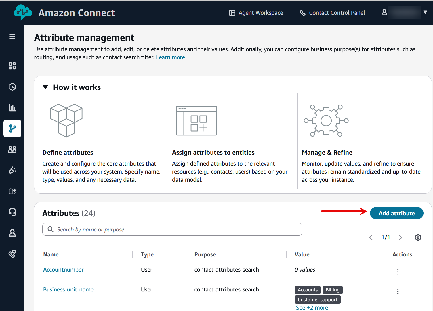 A página de gerenciamento de atributos, o botão Adicionar atributo.