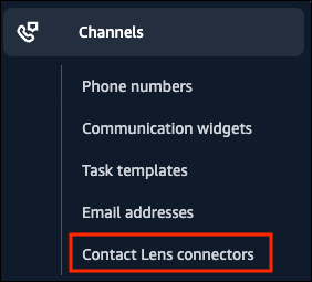 No menu à esquerda no site do Amazon Connect administrador, a Contact Lens opção.