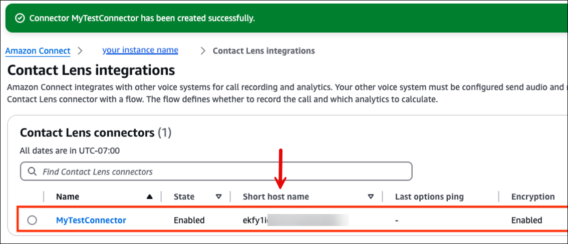 A página de Contact Lens integrações, o nome abreviado do host do conector.