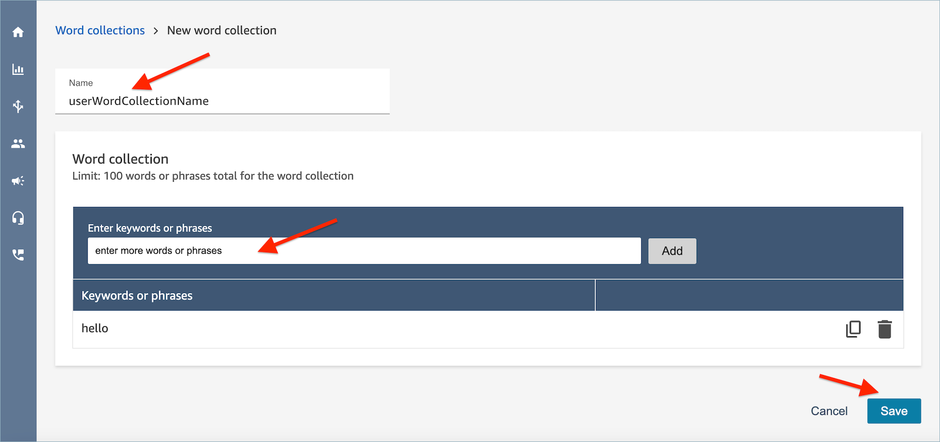 Insira a opção de palavras-chave ou frases na interface de usuário.