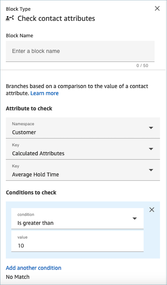 Use Verificar atributos do contato para direcionar condicionalmente os clientes com base no tempo médio de espera de interações anteriores