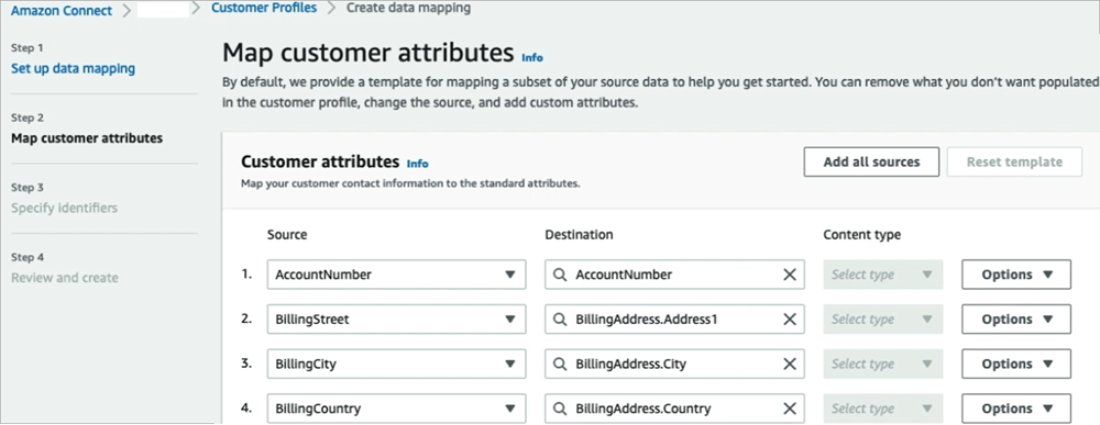 O menu de navegação do Amazon Connect, a página Mapear atributos do cliente.