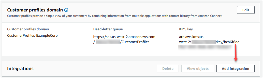 A página Configuração dos perfis do cliente, botão Adicionar integração.