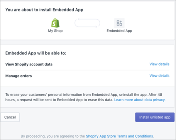 Um exemplo de página da Shopify para instalação e autorização da aplicação.