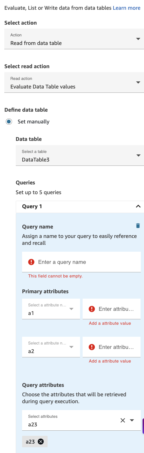 A página de propriedades do bloco Tabela de Dados configurada para a ação Avaliar.
