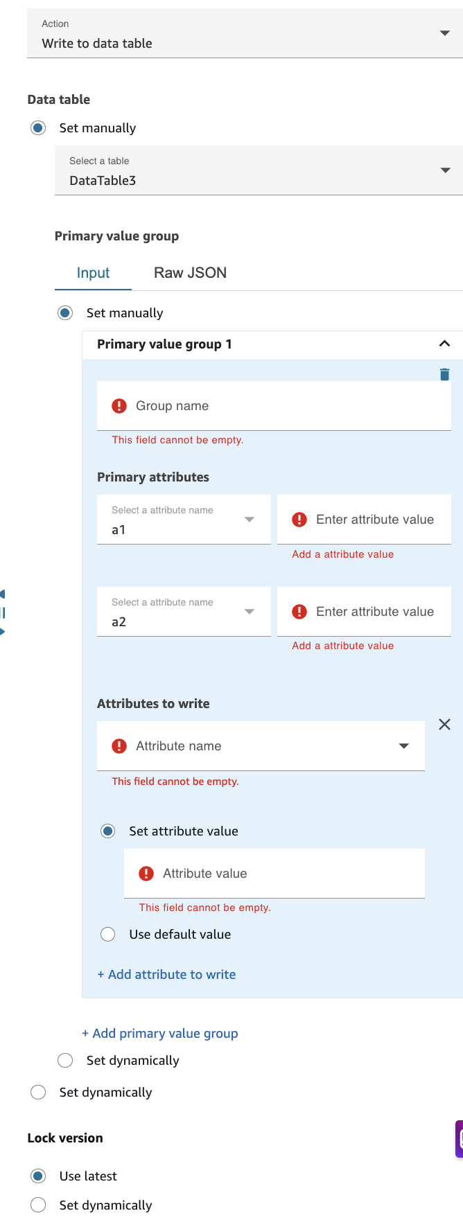A página de propriedades do bloco Tabela de Dados configurada para a ação Gravar.