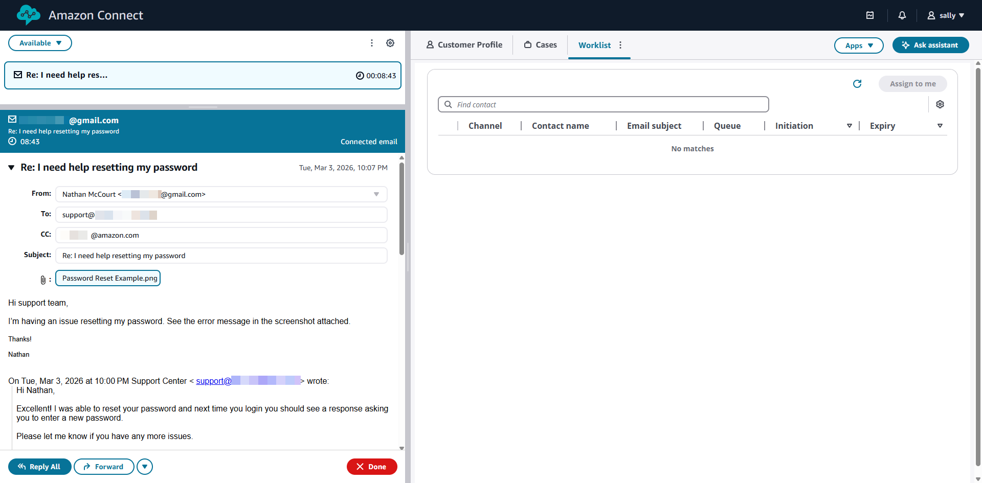 A interface de contato de e-mail no CCP com componentes rotulados, incluindo cabeçalho do e-mail, corpo da mensagem, visualização do tópico, seção de anexos, área de resposta e botões de ação.