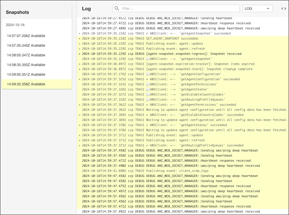 O CCP Log Parser mostrando o painel Snapshots com informações de status do agente.