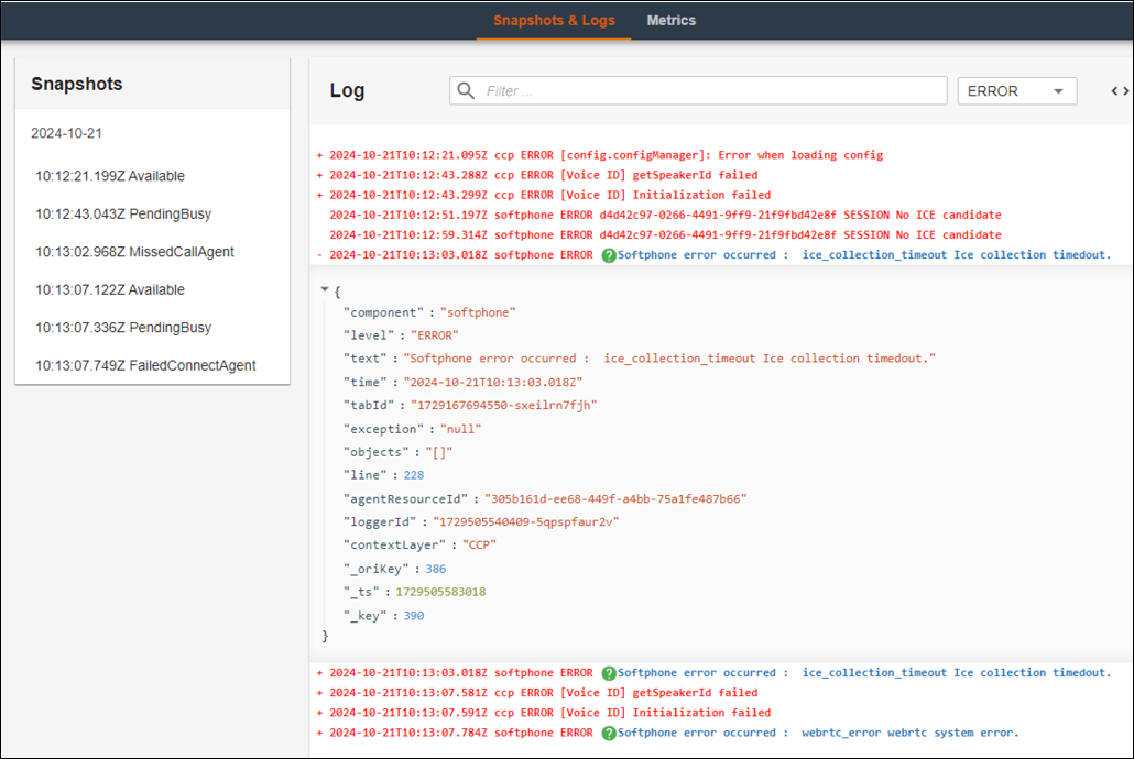 O CCP Log Parser exibe um registro de snapshot com uma mensagem de erro do softphone.