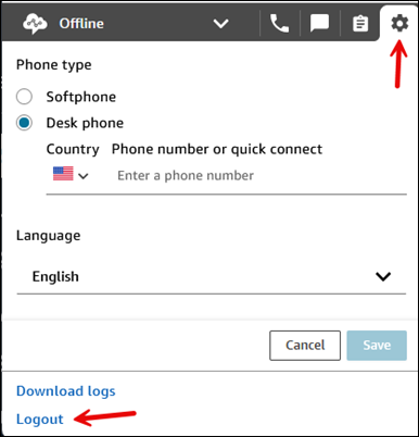 O Painel de Controle de Contatos, o ícone Configurações, a opção Sair.