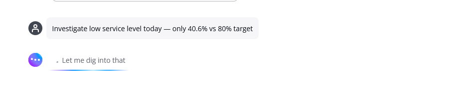 Um aviso de investigação no chat, com um indicador de processamento exibido enquanto a análise é executada.