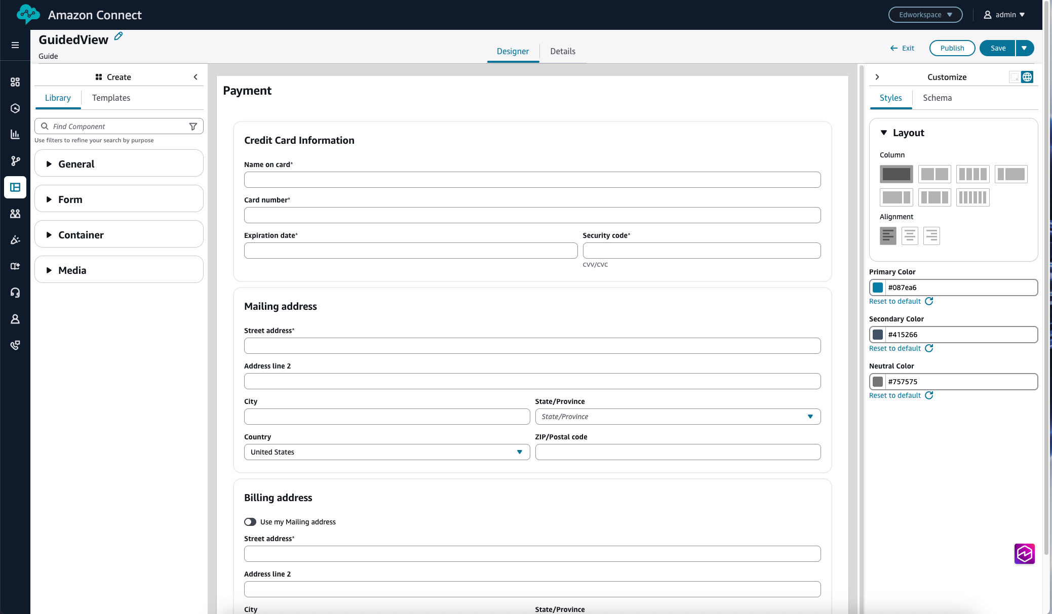 A interface do usuário do UI Builder.