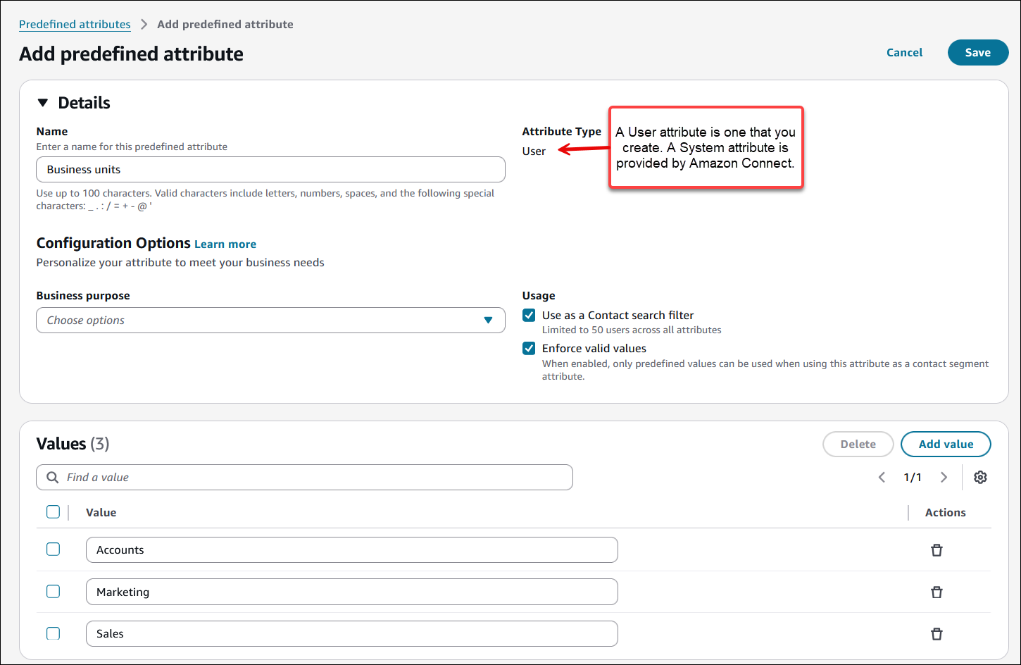 Escolha Salvar para salvar o atributo e os valores.