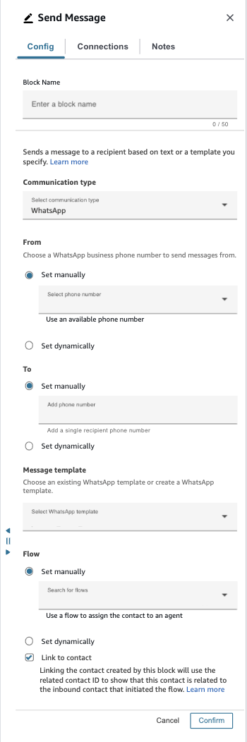 A página de propriedades do bloco Enviar mensagem.