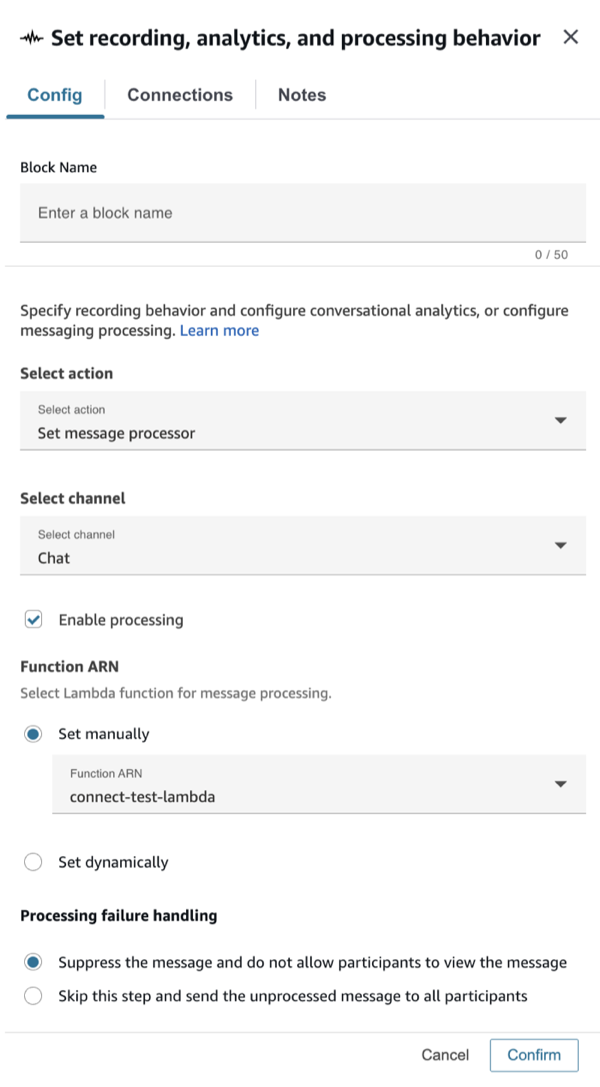 A opção Definir configuração de ação do processador de mensagens com o processamento ativado.